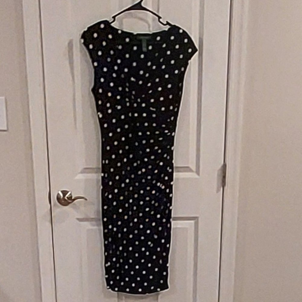 Ralph Lauren classic black and white polka dot ruched dress, size 6